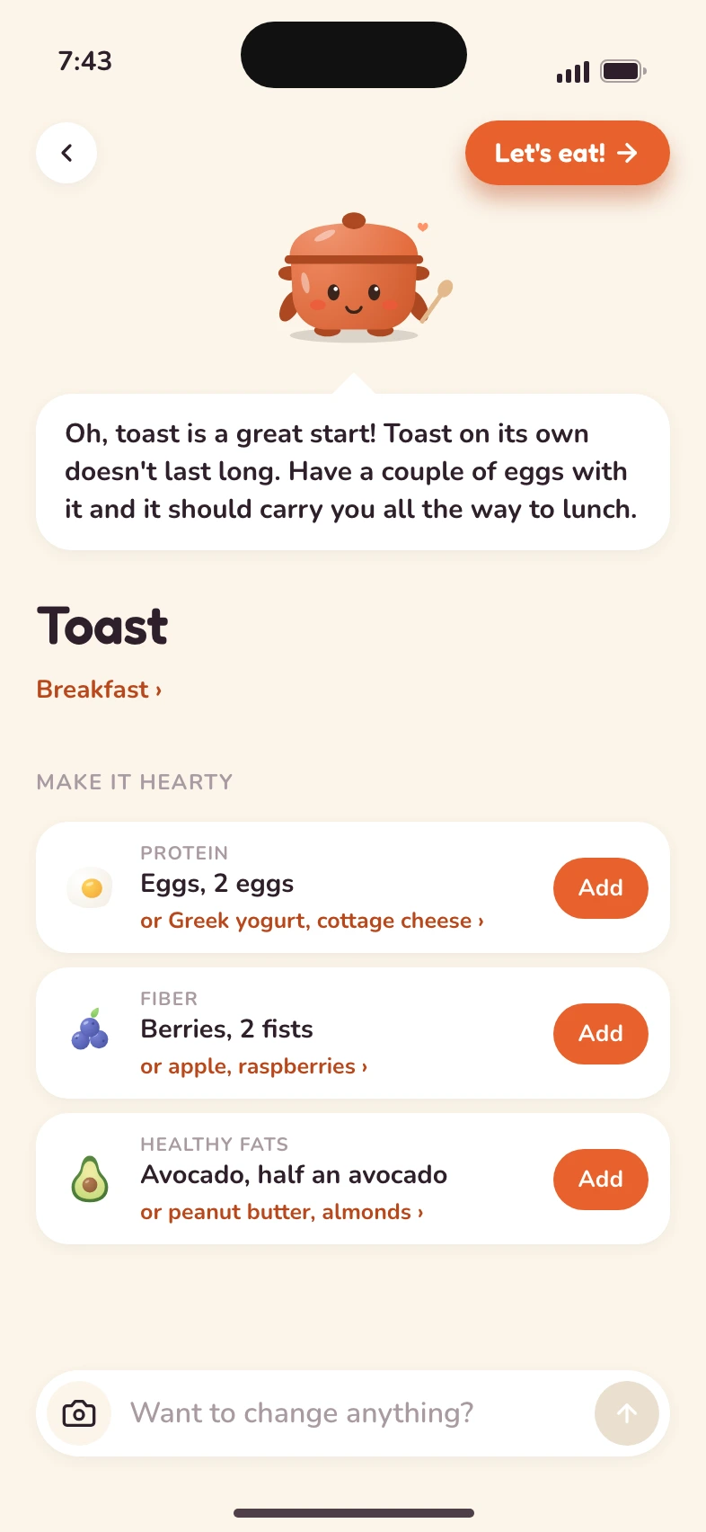 Hearty suggesting two eggs to go with toast for breakfast