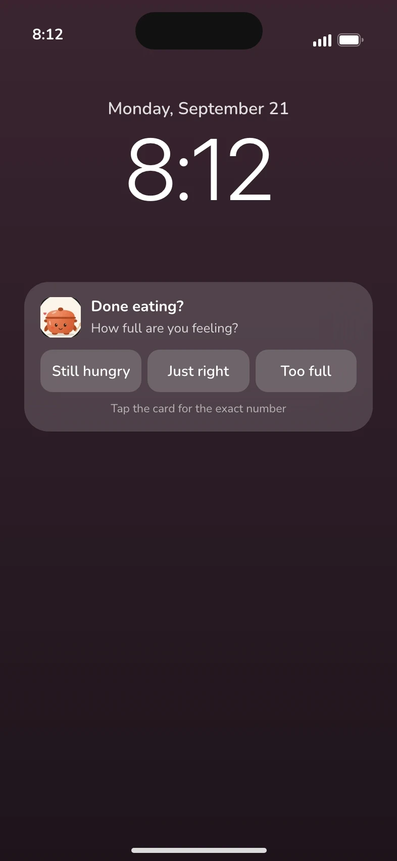 A lock screen notification from Hearty asking how full you feel, with three answers