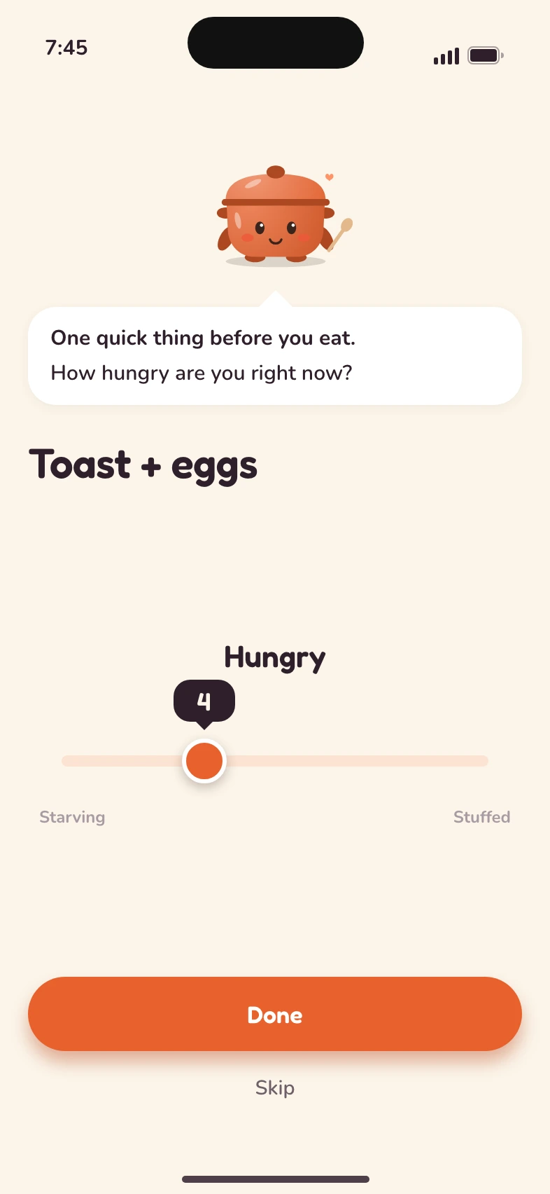 Hearty asking how hungry you are before breakfast, on a slider from starving to stuffed