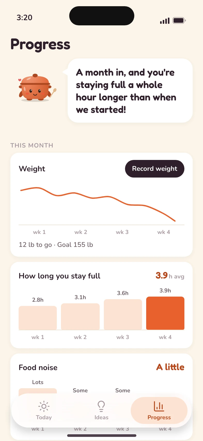 Progress: weight down over four weeks, and meals keeping you full longer each week